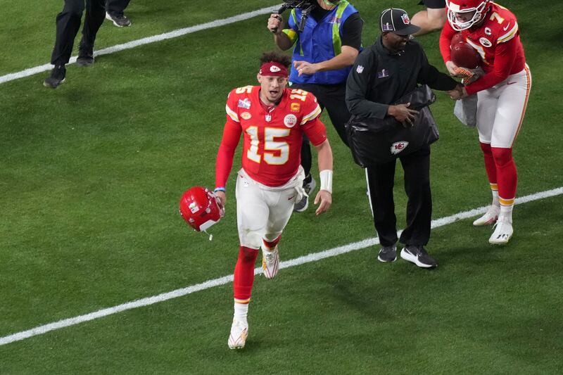 Kansas City Chiefs quarterback Patrick Mahomes celebrates. Photograph: Doug Mills/New York Times
