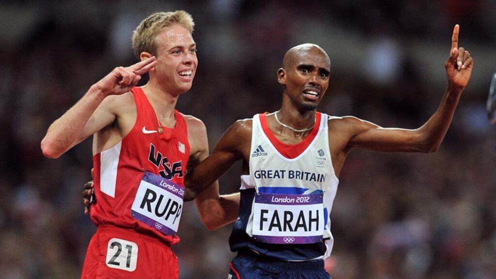 Great Britain’s Mo Farah (right) celebrates winning the Men’s 10,000m at the London Olympics with silver medalist, and fellow Salazar protege, the USA’s Galen Rupp. Photo: Martin Rickett/PA