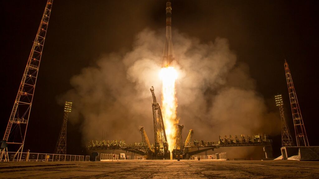 The Soyuz TMA-16M spacecraft launches to the International Space Station with Expedition 43 Nasa astronaut Scott Kelly, Russian cosmonauts Mikhail Kornienko, and Gennady Padalka of the Russian Federal Space Agency (Roscosmos).Photograph: Bill Ingalls/Nasa via Getty Images