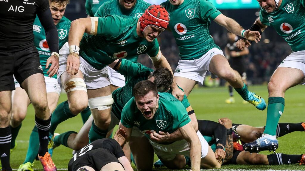 Ireland’s Jacob Stockdale celebrates scoring the memorable try in the victory over the All Blacks at the Aviva Stadium. Photograph: Gary Carr/Inpho