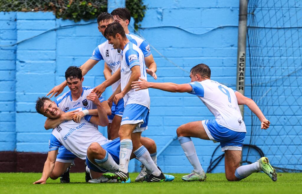 Thomas Lonergan celebrates scoring UCD's equaliser with team-mates during the SSE Airtricity League Premier Division match against Drogheda United at Head In The Game Park. Photograph: Ben Brady/Inpho