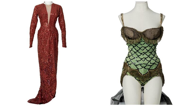 Pure Marilyn: the slinky red dress from “Gentlemen Prefer Blondes” (1953) and the green satin one-piece from “Bus Stop” (1956).