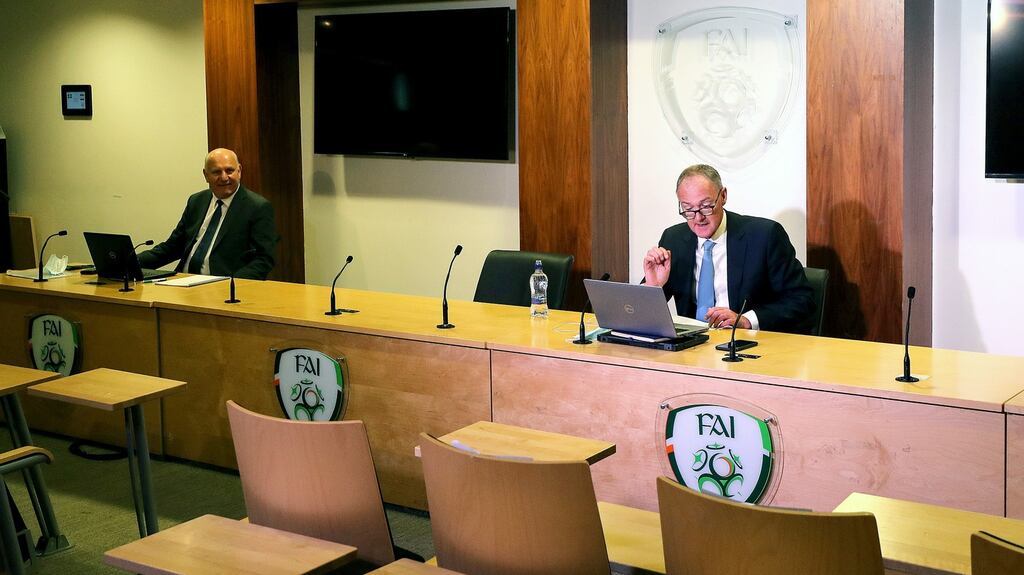 FAI president Gerry McAnaney and chairperson Roy Barrett at Abbotstown during Sunday’s egm. Photograph: Laszlo Geczo/Inpho