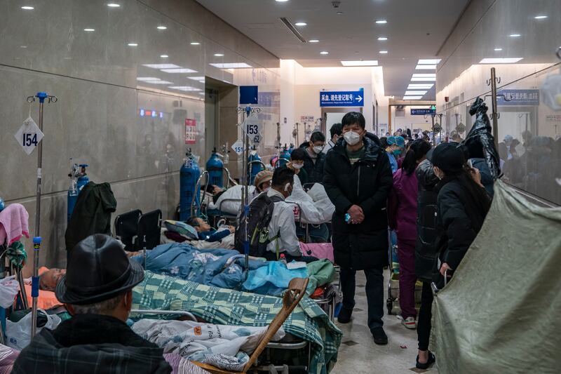Patients in a hallway at a hospital in Shanghai on January 7th. Photograph: Qilai Shen/The New York Times