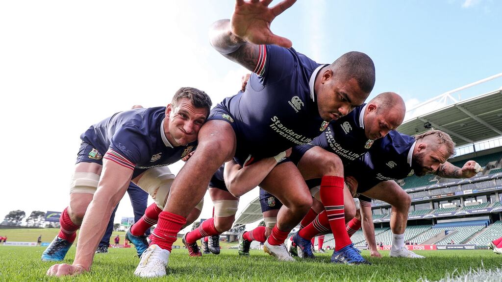 Sam Warbuton, Kyle Sinckler, Rory Best and Joe Marler during Lions training in Auckland this morning. Photo: Billy Stickland/Inpho