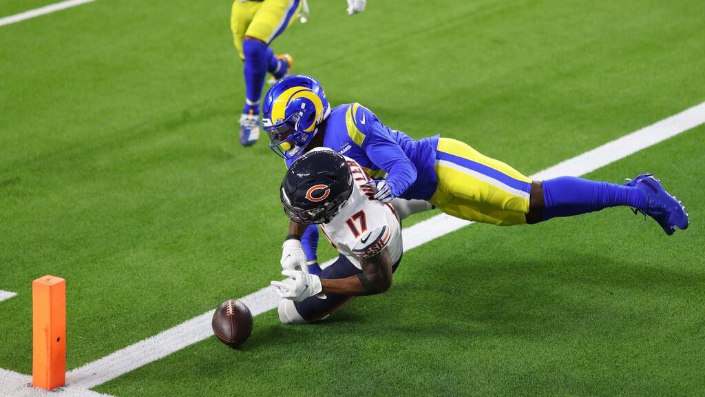 Chicago Bears’ Anthony Miller is tackled in the end zone by Greg Gaines during the LA Rams’ 24-10 win on Monday night. Photograph: Joe Scarnici/Getty