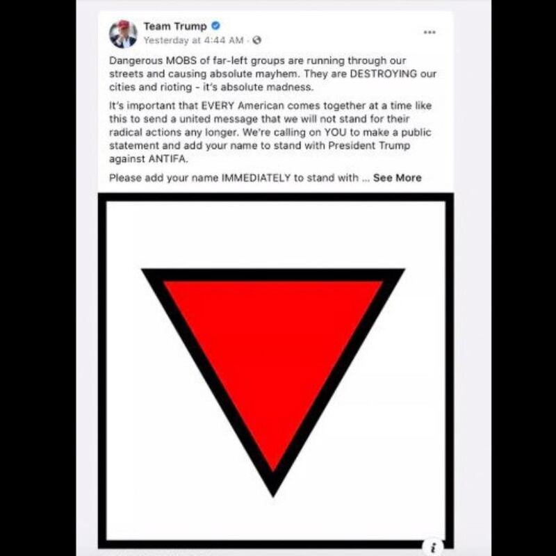 A screen grab shows a removed Trump campaign ad that appeared in feeds on Facebook. The company said the ad violated its policy on organised hate. Photograph: Facebook/AFP via Getty