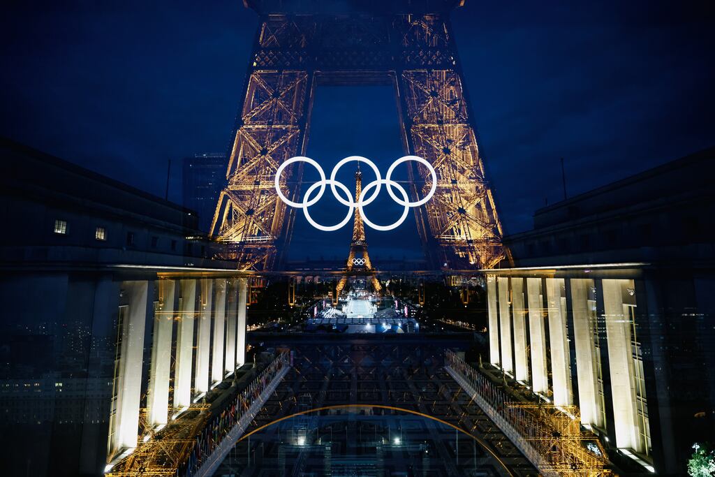 Paris 2024: The Eiffel Tower, decorated with the illuminated Olympic rings in Paris. Photograph: Shutterstock