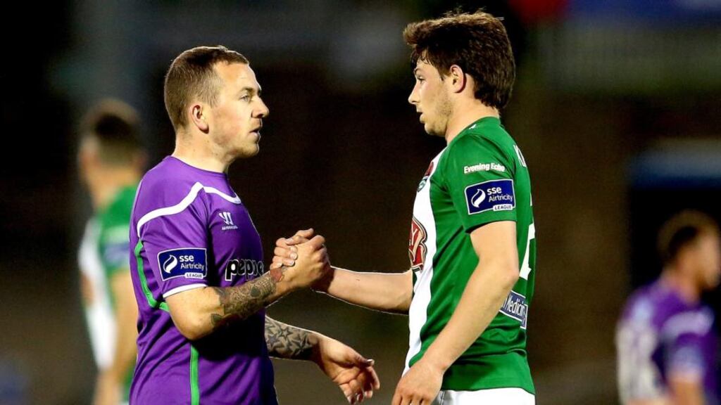 Shamrock Rovers’ Gary McCabe and John Kavanagh of Cork City after the scoreless game at Turner’s Cross. Photograph: James Crombie/Inpho.