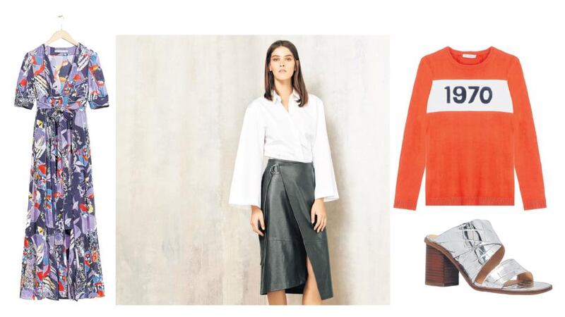 Other Stories graphic print midi dress, €95; M&S leather belted A-line wrap skirt, €185; Bella Freud Red Merino wool knit, €365 at Brown Thomas; Carvela silver mid heel mules, €170