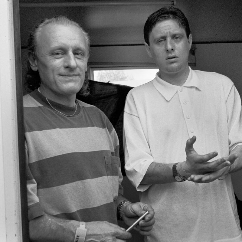 Happy Mondays: Shaun Ryder in 1991 with his father, Derek, who worked as a roadie and sound technician for the band. Photograph: Photoshot/Getty