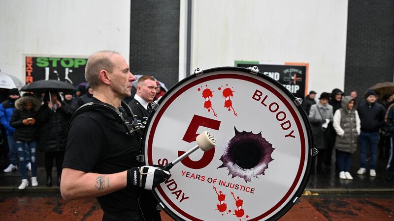 A  bandsman beats his drum during a Bloody Sunday memorial march on the 50th anniversary of the massacre, in Derry. Photograph: Charles McQuillan/Getty Images