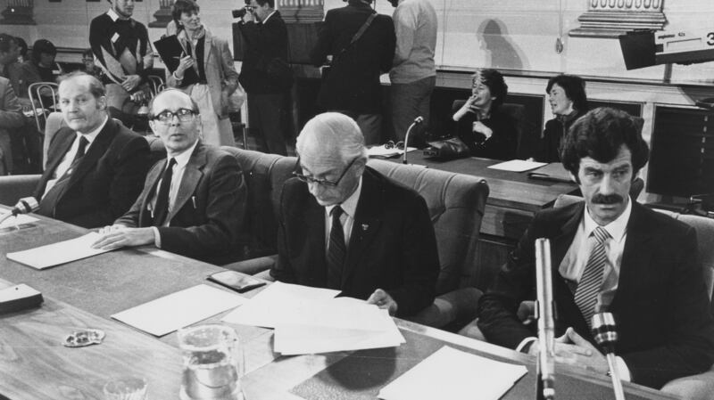 Labour Party members (L to R) Frank Prendergast, Mervyn Taylor, Stephen McGonagle and Dick Spring at the New Ireland Forum in May 1983. Photograph: Pat Langan