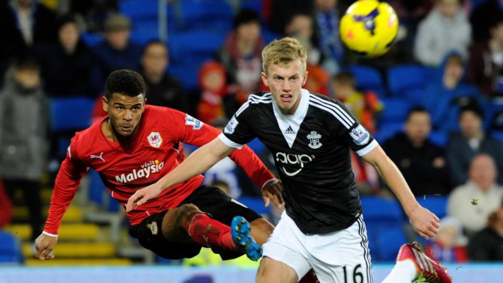 Cardiff City’s Fraizer Campbell clears the ball from Southampton’s James Ward-Prowse during the English Premier League clash at Cardiff City Stadium. Photo: Rebecca naden/Reuters