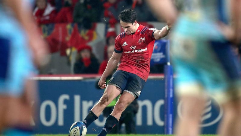 Munster’s Joey Carbery kicks the winning penalty. Photograph: Bryan Keane/Inpho