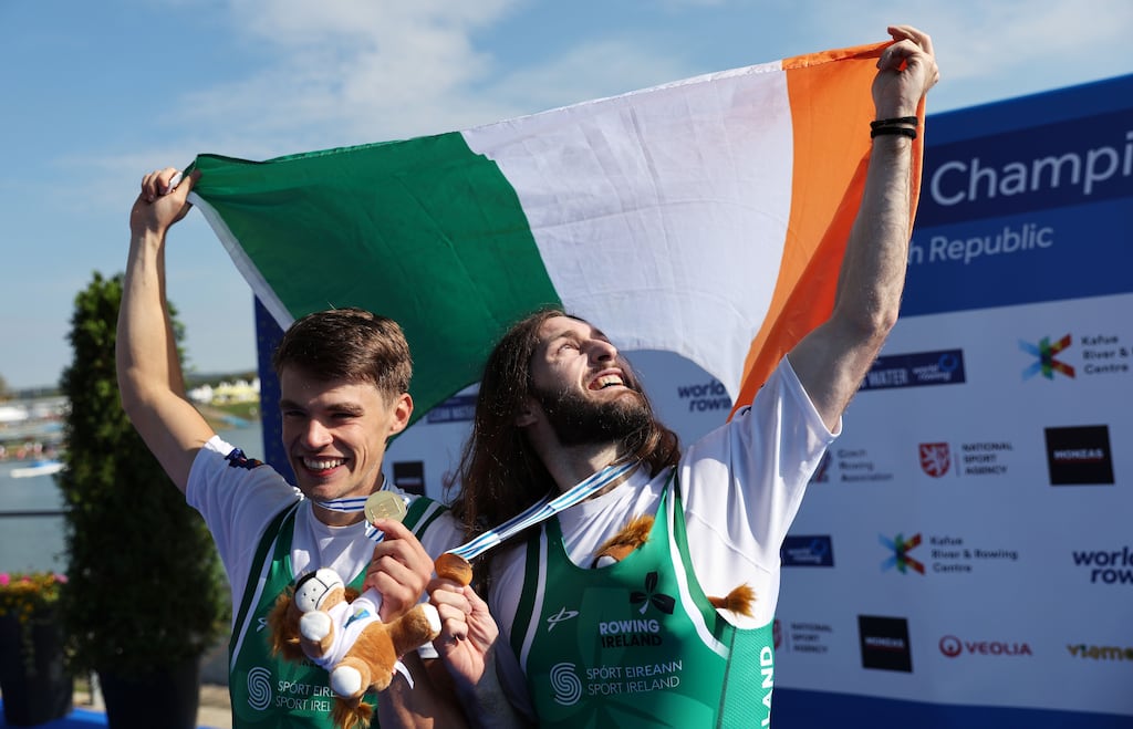 Fintan McCarthy and Paul O'Donovan of Ireland during the medal ceremony for the lightweight men's double sculls final at the Rowing World Championships in Račice, Czech Republic. Photograph: Martin Divisek/EPA