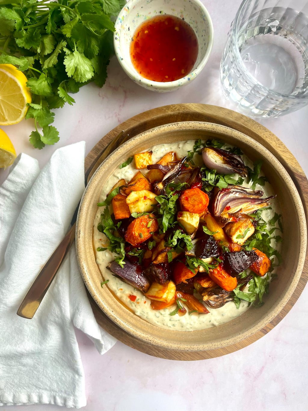 Roast veg with herb yoghurt and hot honey