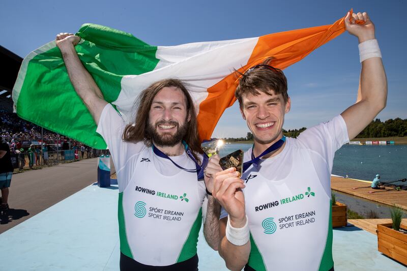 Ireland’s Fintan McCarthy and Paul O’Donovan celebrate winning gold at the European Championships in August. Photograph: Morgan Treacy/Inpho