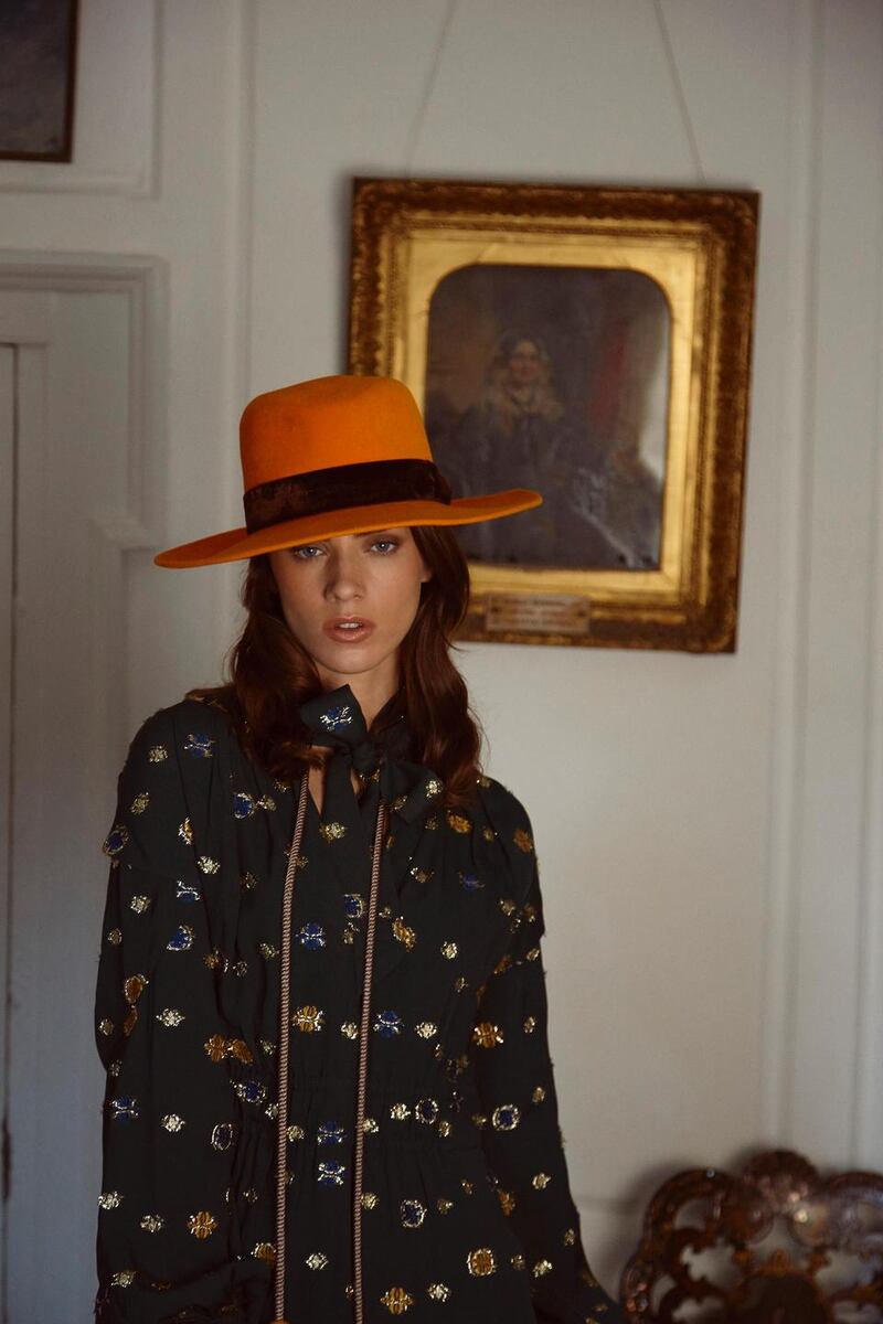 Green lame embroidered dress (€1,195 Peter Pilotto, Brown Thomas), French Mustard fedora with brown velvet trim (€190 Anthony Peto)