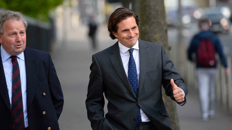 Veterans commissioner for Northern Ireland Danny Kinahan (left) and former veterans minister Johnny Mercer arrive at Laganside Courts in Belfast. Photograph: Mark Marlow/PA Wire