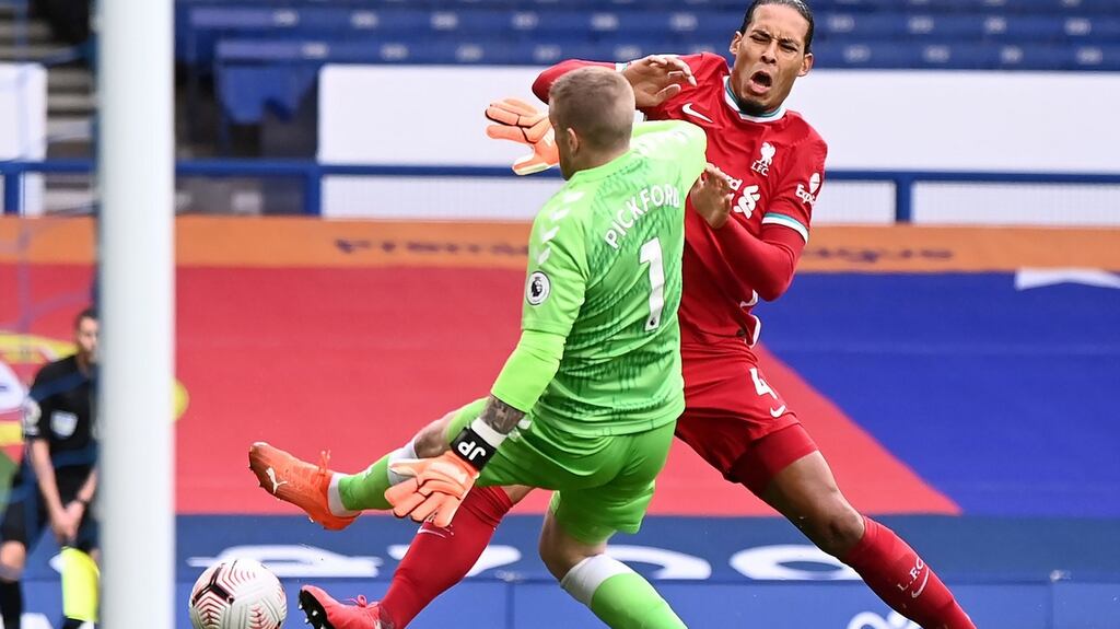 Everton keeper Jordan Pickford will face no further action over the challenge which left Liverpool defender Virgil Van Dijk facing knee surgery. Photo: Laurence Griffiths/PA Wire
