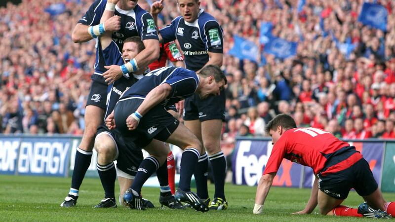 Leinster’s Johnny Sexton roars at Munster’s Ronan O’Gara after Gordon D’Arcy’s try in the Heineken Cup semi-final at Croke Park in May 2009. Photograph: James Crombie/Inpho