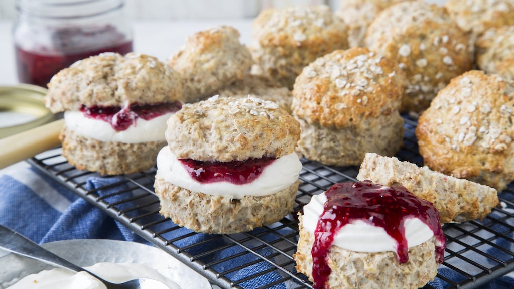 Wholemeal scones with cream and jam. Photograph: Harry Weir