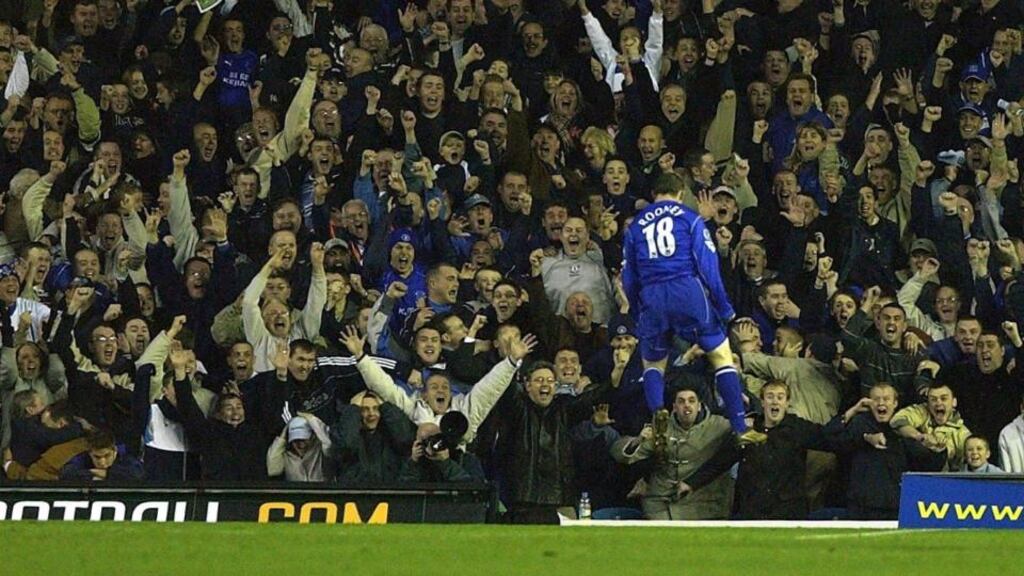 Wayne Rooney celebrates his late winner against Leeds United at Elland Road in November 2002. Photograph: Clive Brunskill/Getty Images
