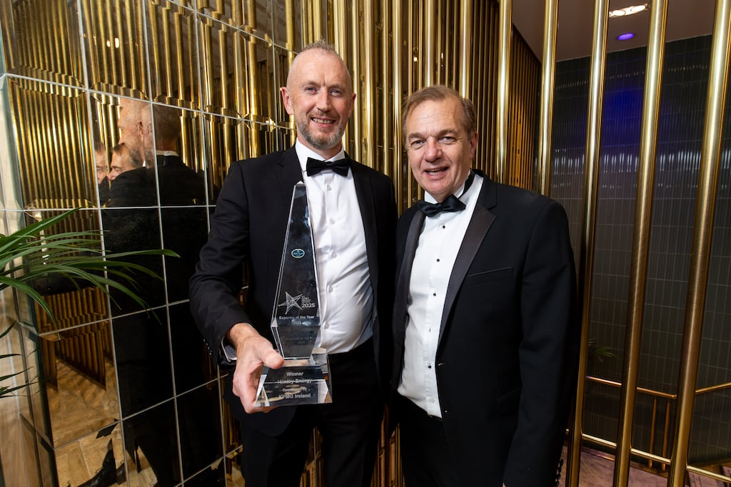 Export Industry Awards 2025: Edward Pepper of Hanley Energy, winner of the exporter of the year award, sponsored by KPMG Ireland, and Simon McKeever, chief executive of the Irish Exporters Association. Photograph: Karl Hussey Photography