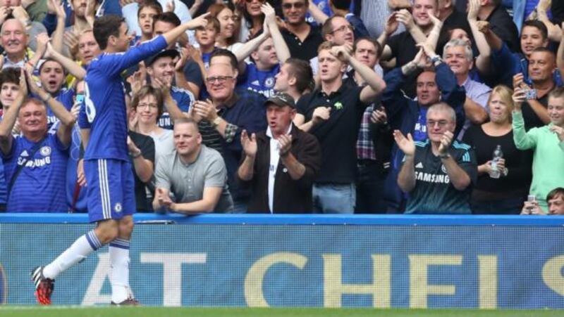 Chelsea’s Oscar celebrates opening the scoring against Aston Villa at Stamford Bridge. Photograph: Paul Hackett / Reuters