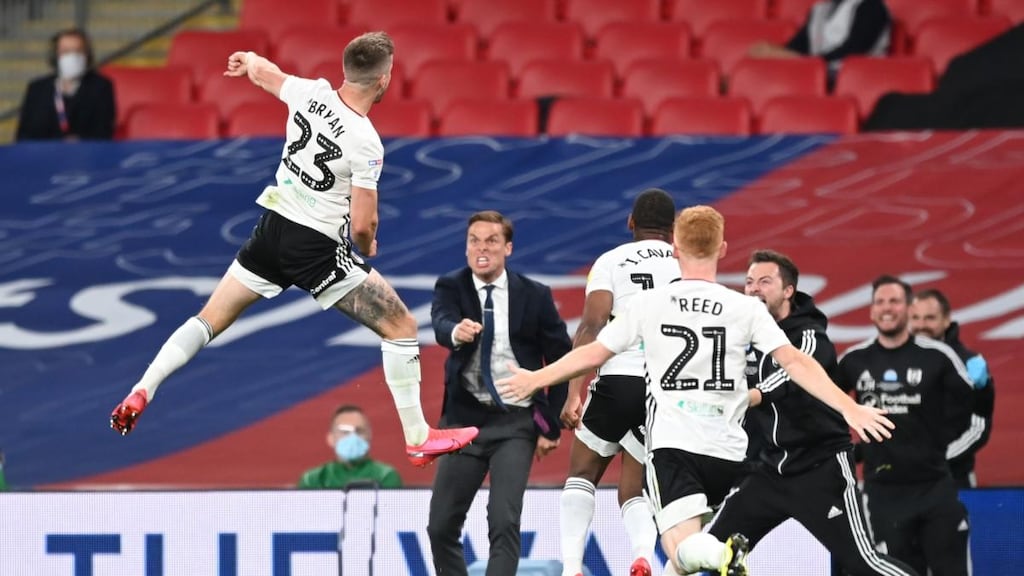 Fulham’s Joe Bryan  celebrates after scoring his side’s first goal during the  Championship playoff final against  Brentford at Wembley Stadium. Photograph: Shaun Botterill/Getty Images