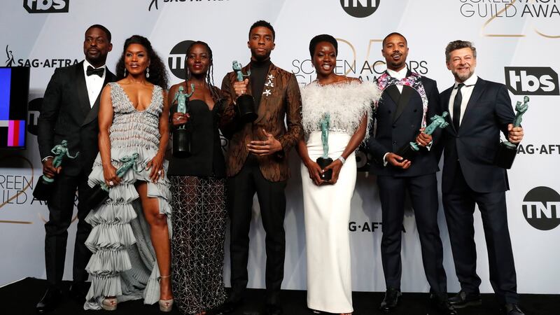 Screen Actors Guild Awards: The cast for Black Panther pose with the SAG Award for Outstanding Performance by a Cast . Photograph: Nina Prommer/ EPA