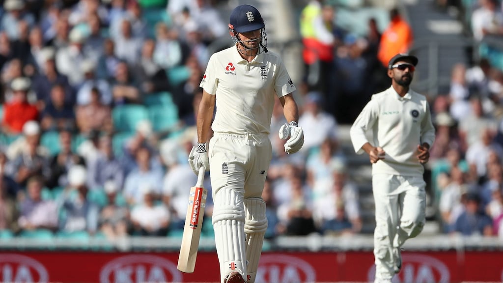 England’s Alastair Cook walks off the field dejected after being bowled out by India’s Jasprit Bumrah during the Test match at The Kia Oval, London.