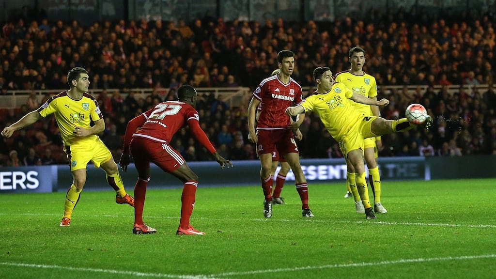 Burnley’s Stephen Ward  scores his side’s second goal during the FA Cup third round match between Middlesbrough. Photograph:  Jan Kruger/Getty Images
