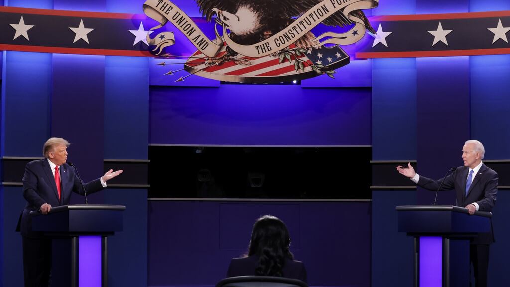 President Donald Trump and Democratic nominee Joe Biden on the debate stage at Belmont University in Nashville, Tennessee, on Thursday night. Photograph: Chip Somodevilla/Getty Images/Bloomberg