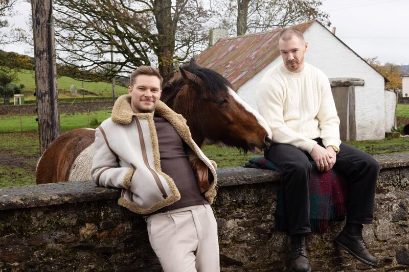 Jack Reynor wears: cream shearling jacket, Belstaff, €2,395; T-shirt, Selected at Jervis Shopping Centre, €24.99; trousers, Massimo Dutti, €89.95; shoes, Jacks own. Sam Keeley wears: cream jumper, Inis Meáin, €560; jeans, Levi’s at Zalando, €90; boots, Sam’s own. Photograph: Emily Quinn