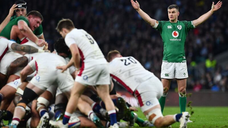 Ireland’s Jonathan Sexton watches the scrum during his side’s win over England at Twickenham. Photograph: Ben Stansall/AFP