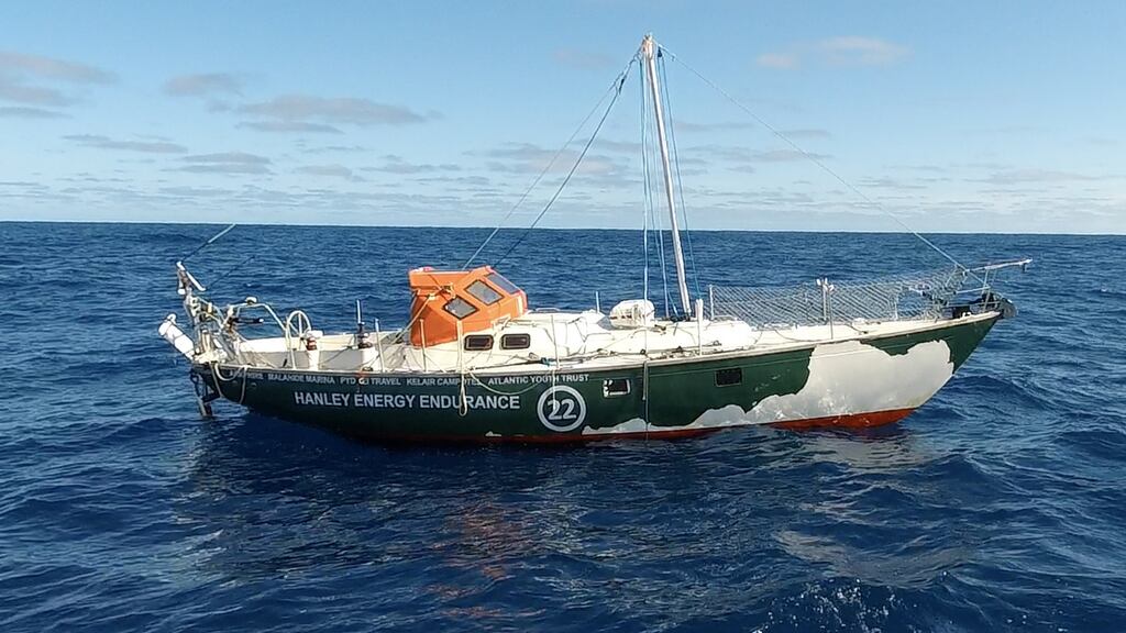 Gregor McGuckin’s abandoned yacht Hanley Energy Endurance photographed by Golden Globe Race skipper Mark Sinclair as he sailed past the yacht a month after McGuckin was rolled and dismasted in the South Indian Ocean.