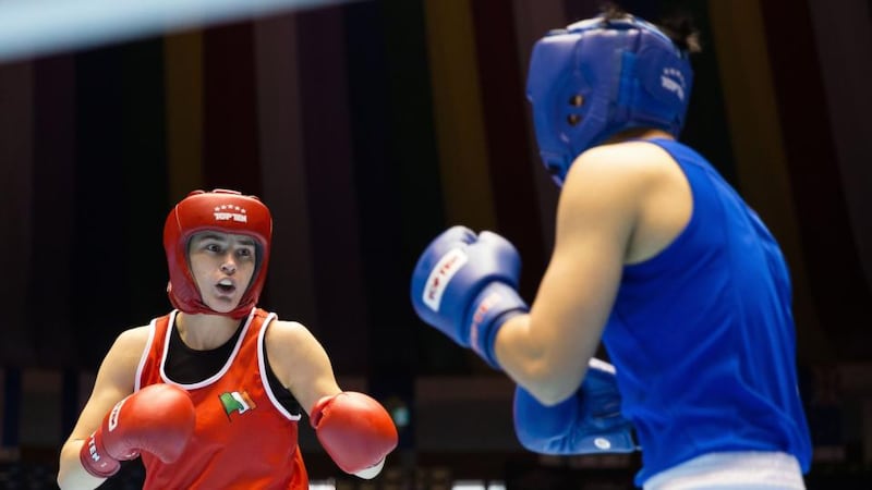 Ireland’s Katie Taylor in action against Jinhua Yin of China in Juju, South Korea. Photograph: Doug McDermott / Inpho