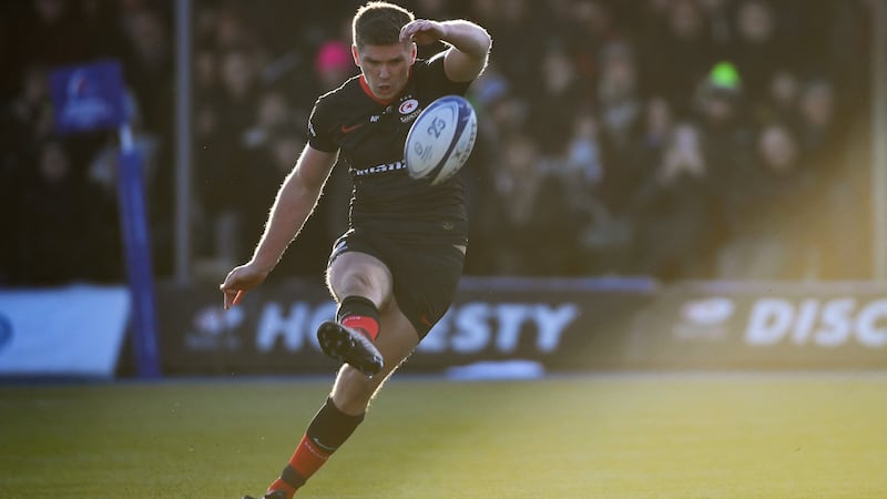 Owen Farell kicks the winning penalty for Saracens. Photograph: Mike Hewitt/Getty