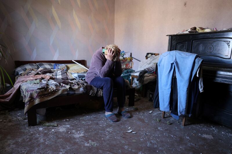 Local resident Oksana (54) reacts to damage caused by a missile attack, in the bedroom of her house, in the village of Krasylivka, Kyiv region, Ukraine, on May 8th. Photograph: Anatolii Stepanov/AFP/Getty