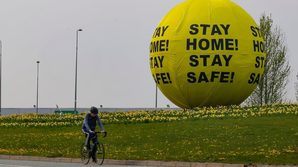 Sculpture overlooking the N7 at Naas carries a Covid-19 message. Photograph: Crispin Rodwell
