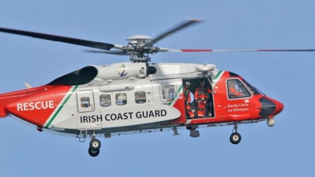 The two surfers were winched on board the helicopter and were brought to Sligo Airport by the Irish Coast Guard. File photograph: Collins