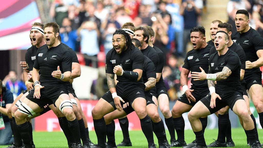 New Zealand perform the Haka before the Rugby World Cup Pool C match against Argentina at Wembley. Photograph: Facudo Arrizabalaga/EPA