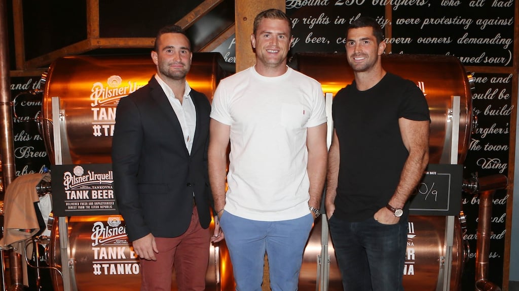 Dave and Rob Kearney with Jamie Heaslip who are all backers of the Lemon & Duke pub that is in dispute with FBD over Covid closure cover. Photograph: Leon Farrell/ Photocall Ireland