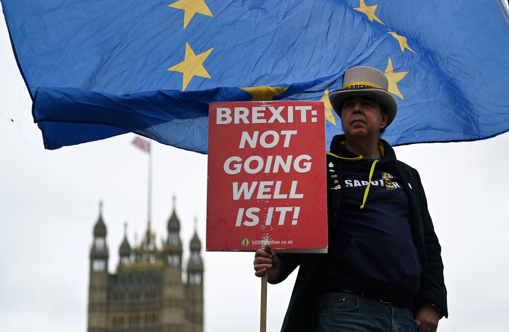 Pro-EU campaigner Steve Bray protests against Brexit outside parliament in London, earlier this year. Photograph: Shutterstock via EPA