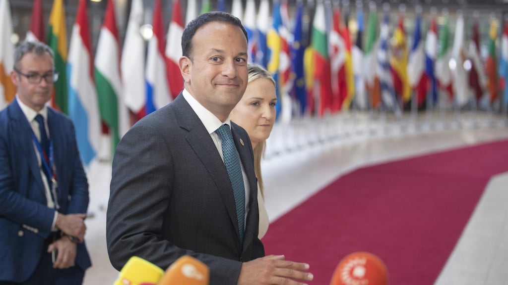 Taoiseach Leo Varadkar and Helen McEntee, Minister of State for European Affairs, arrive at the EU leaders’ summit in Brussels on Thursday. Photograph: Jasper Juinen/Bloomberg