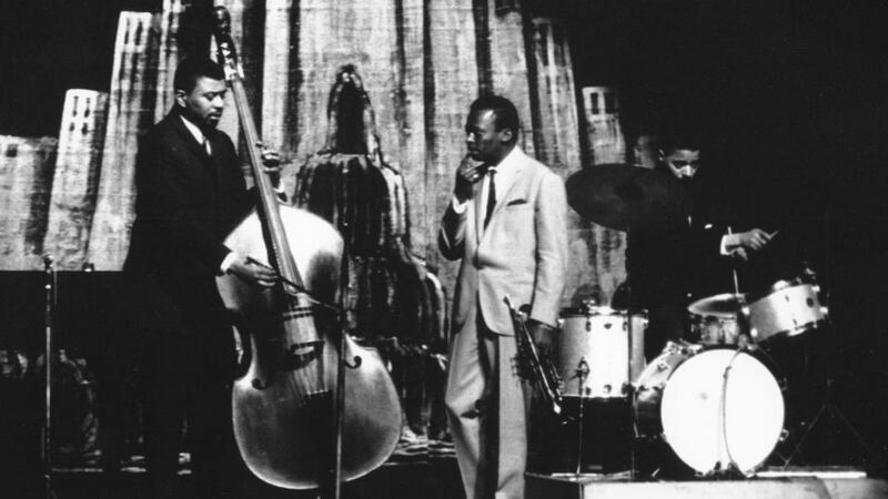 Jimmy Cobb performing with Miles Davis and bass player Paul Chambers at the Apollo Theater, New York, in 1960. Photograph: Herb Snitzer/Michael Ochs Archives/Getty