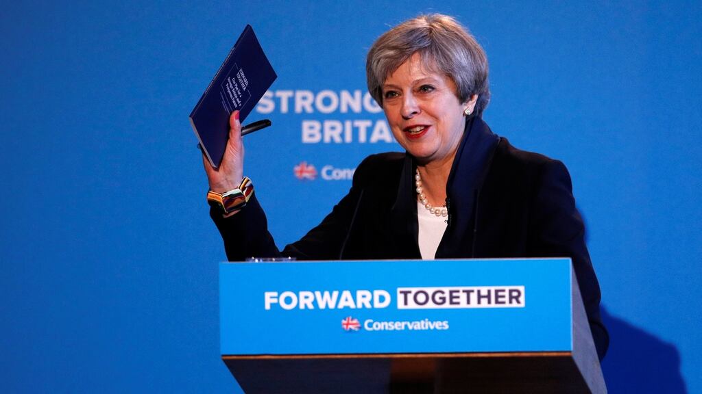 British prime minister Theresa May at the launch of the Conservative manifesto in Halifax. Photograph: Phil Noble/Reuters