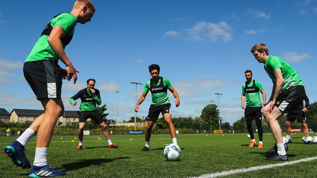 Shamrock Rovers players, including Joey O’Brien and Rhys Marshall, training at Roadstone on Monday. Photograph: Ryan Byrne/Inpho